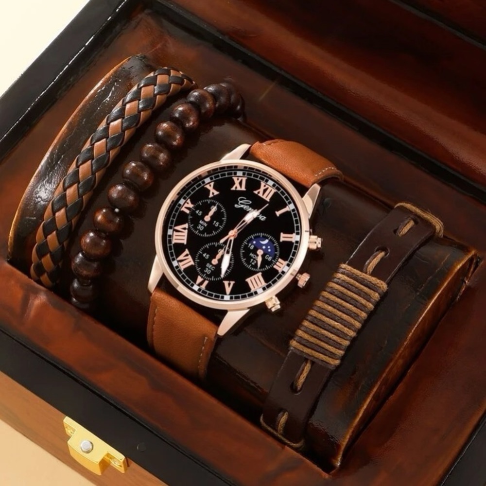 Men Round Pointer Quartz Watch & 3pcs Bracelet beautiful new brown